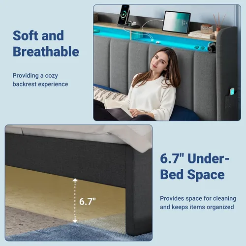 Miniatura 7 de Allewie - Base de cama con plataforma de tamaño Queen, tapizada, con cabecero acolchado con botones verticales, 2 niveles de almacenamiento con Gris