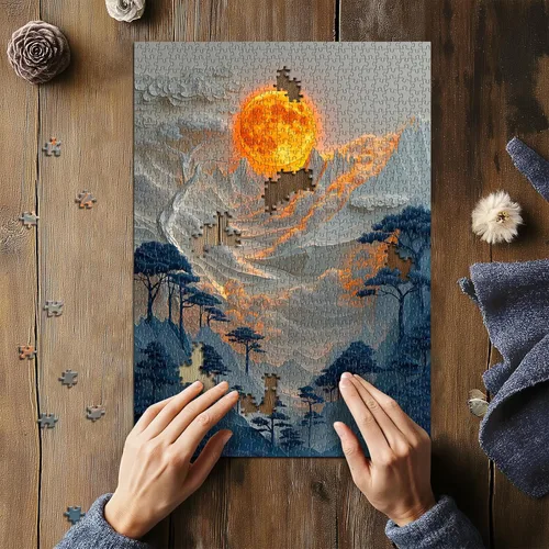 Miniatura 3 de Rompecabezas de montaña para adultos de 1000 piezas, fantasía, luna roja, paisaje, naturaleza, paisaje, escénico, cañón de árbol, bosque, corte