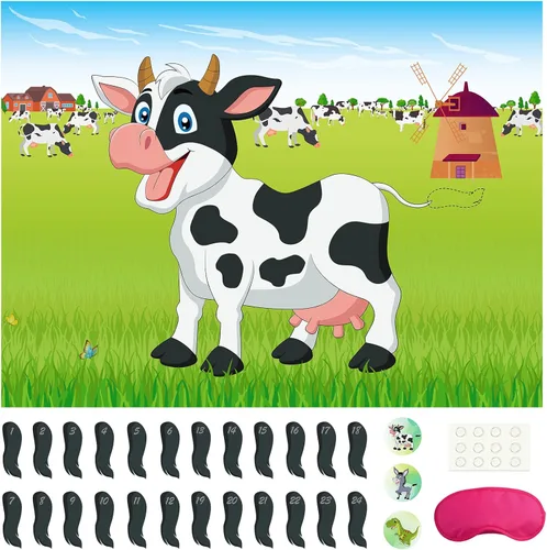 Morcheiong Juego Pin The Tail on The Cow con 48 colas para decoraciones de fiesta de granja, recuerdos de fiesta de cumpleaños para niños,