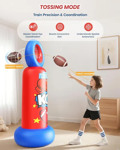 Miniatura 3 de ODOSOLA Saco de boxeo inflable para niños, bolsa de boxeo independiente 2 en 1 con juego de lanzamiento de fútbol, juguete de karate taekwondo