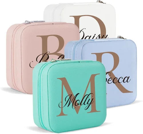 Joyero personalizado con inicial y nombre, organizador de viaje para dama de honor, regalos de cumpleaños para mujeres (diseño inicial 02)