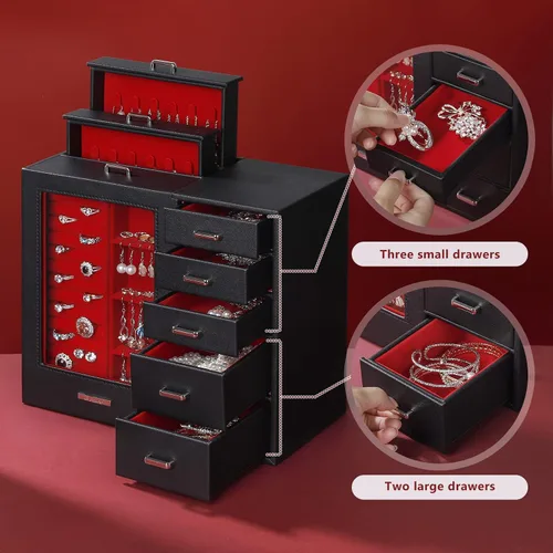 Miniatura 4 de Homde Joyero grande con ventana de cristal cajones para collares aretes anillos pulseras relojes regalo para mujeres y niñas