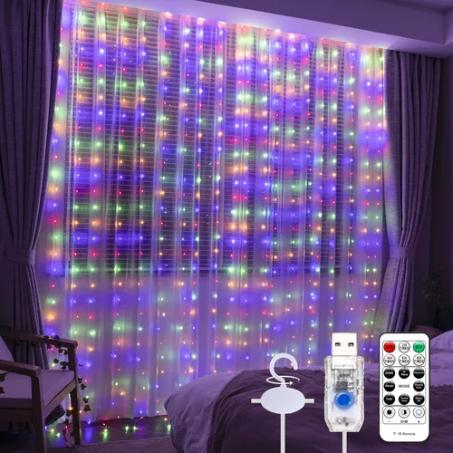 Miniatura 15 de Luz de cortina blanca cálida para dormitorio, 300 LED, 3m x 3m, luz de cadena de hadas para ventana con 16 ganchos, 8 modelos, control remoto