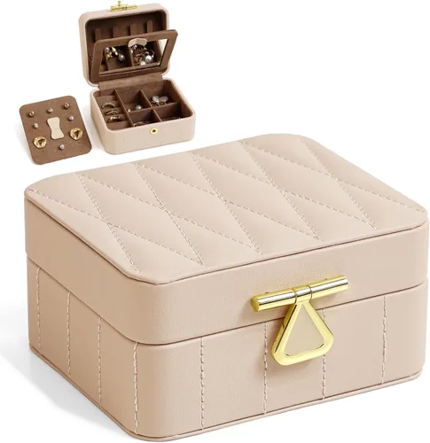 KAMIER Joyero de viaje, organizador de joyas de viaje de cuero acolchado con diamante, caja organizadora de joyas de viaje pequeña para mujeres,