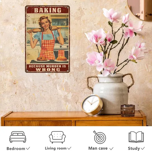 Miniatura 5 de Letrero de hojalata retro para mujer, con texto en inglés "Baking Because Murder is Wrong", divertido rústico, decoración de pared, arte de pared