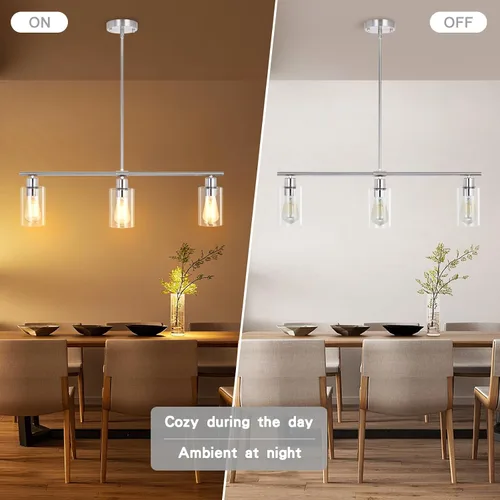 Miniatura 6 de Iluminación de isla de cocina, 3 luces negras para comedor, lámpara de araña lineal moderna con pantalla de vidrio transparente, 31 pulgadas