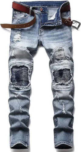 XIMXIMMTIAN Jeans rectos para hombre, estilo motociclista, desgastados, desgastados, desgastados, rectos