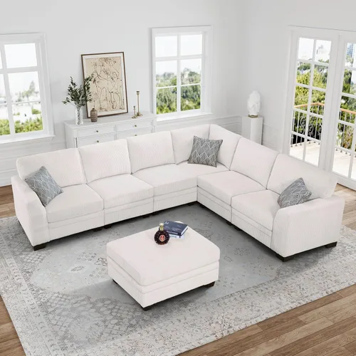 Legend Vansen Sofá Seccional Modular de Gran Tamaño, Sofá en Forma de U de 7 Asientos con Otomana, Sofá de Pana con Asiento Profundo, Sofás Crema