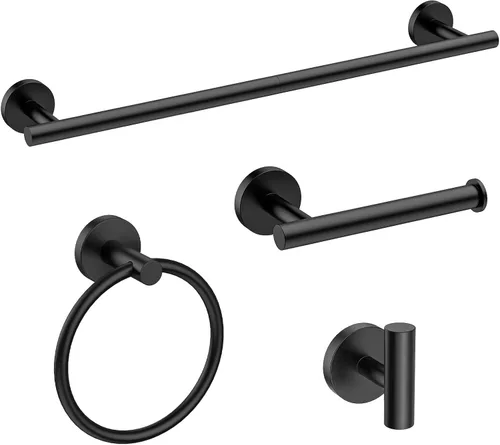 USHOWER Set de accesorios de baño en color negro mate, juego moderno de toallero de 24 pulgadas montado en la pared, juego de accesorios de baño