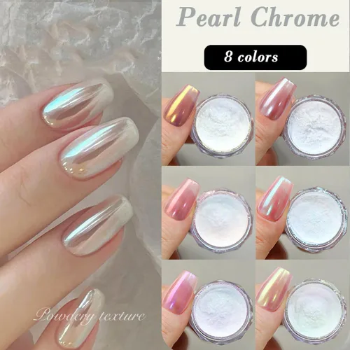 Miniatura 4 de Pretty Diva 8 colores iridiscente perla cromo polvo de uñas, Aurora Pearl Nails Chrome White Pearl Chrome Powder para uñas pigmento metálico manicura