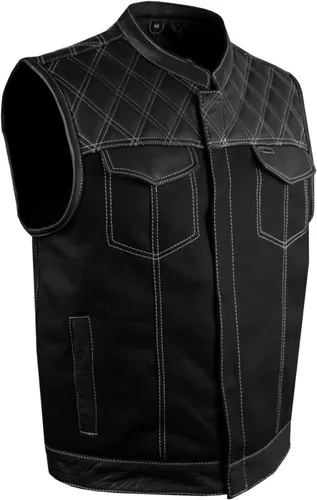 Miniatura 10 de GARGOYLE BELLS Chaleco de moto de mezclilla y cuero para hombre con bolsillos para pistola SOA Biker Club Chaleco con acolchado de diamante