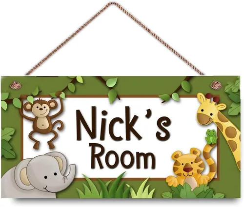 Miniatura 20 de Cartel de animales de la selva para niños, nombre personalizado, letrero de plástico de montaje en pared de 5 x 12.5 pulgadas, estilo moderno