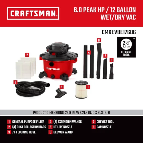 Miniatura 3 de CRAFTSMAN CMXEVBE17606 Aspiradora en seco y húmedo de 12 galones 6.0 HP con soplador de hojas desmontable, aspiradora portátil para tienda húmeda