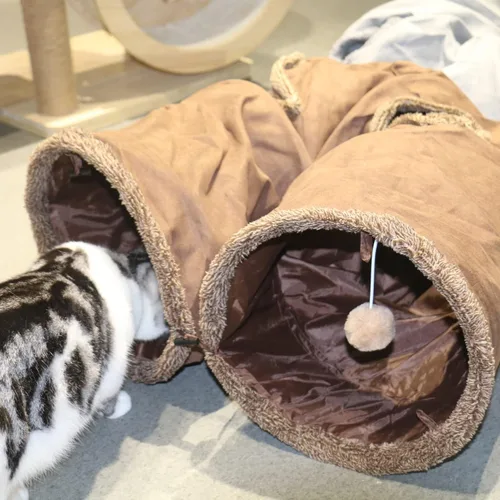 Miniatura 5 de Túnel para gatos de interior, túnel plegable para gatos grandes de 51 x 12 pulgadas, túneles de gamuza marrón para mascotas con dos mirillas y una
