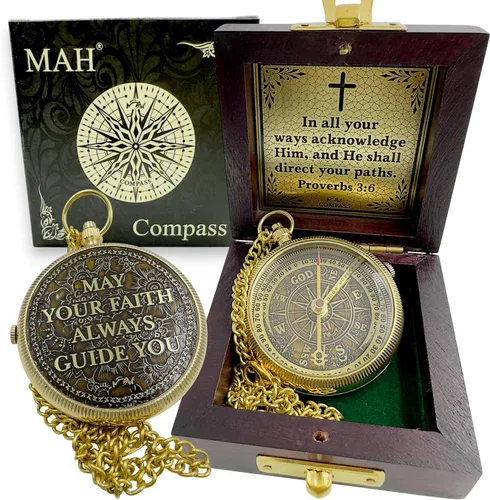 Miniatura 15 de Brújula religiosa hecha a mano con mensajes de fe grabados y en relieve, recuerdo religioso cristiano inspirador para bautismo, confirmación