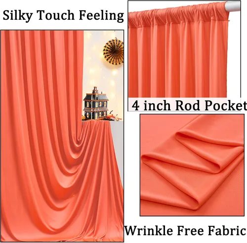 Miniatura 2 de Cortinas de fondo naranja sin arrugas de 10 x 10 pies para fiestas, cortinas de fondo de fotos de poliéster, 2 paneles de 5 x 10 pies