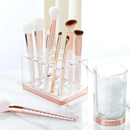 Miniatura 3 de mDesign Organizador de almacenamiento de brochas de maquillaje de plástico con 15 ranuras para encimera de baño, tocador para sostener lápices