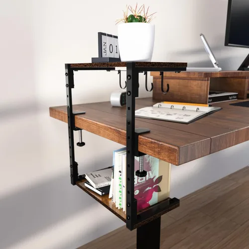 Miniatura 6 de Estante organizador de escritorio con abrazadera, altura ajustable de 13 pulgadas y gancho versátil, estantería de 2 niveles sobre o debajo