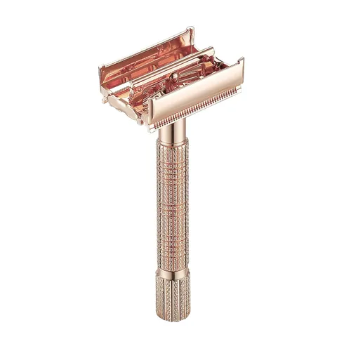 Miniatura 6 de VIKINGS BLADE Maquinilla de afeitar de seguridad para mujer + 5 cuchillas de acero suecas. Cabezal de liberación rápida, doble filo. Suave, Oro rosa