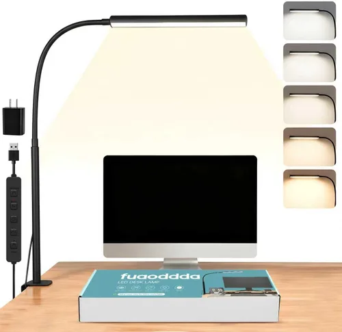 Miniatura 8 de Lámpara de escritorio LED con abrazadera, 5 modos de color y 10 niveles de brillo, luz de escritorio para cuidado de los ojos, cuello de cisne