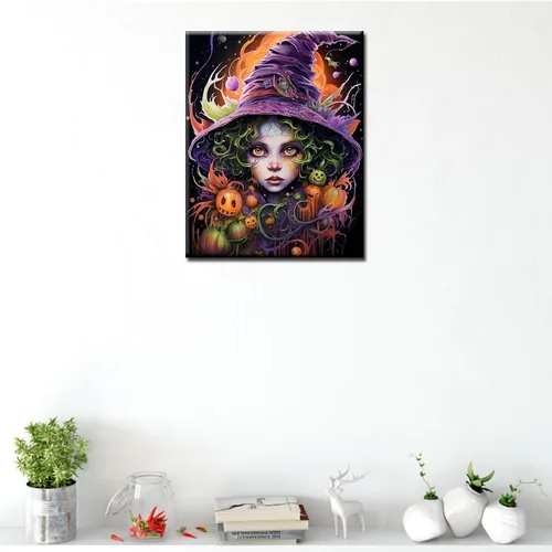 Miniatura 3 de Pintura por números retrato de niña con sombrero de mago Tucocoo, pintura DIY en lienzo con pinceles, pinturas acrílicas, calabaza de Halloween