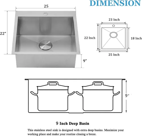 Miniatura 4 de Fregadero de cocina de 25 x 22 pulgadas, montaje superior de 25 pulgadas, níquel cepillado para lavandería, montaje superior, calibre 16, acero