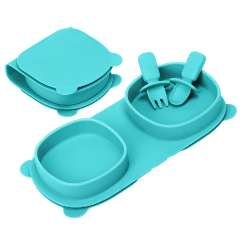 Miniatura 15 de Platos llanos plegables de silicona, platos para bebé, esenciales de viaje con tenedores y cucharas, aptos para microondas y lavavajillas, aguamarina
