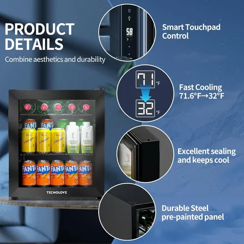 Miniatura 2 de Refrigerador de Bebidas, Mini Refrigerador, Independiente, 1.6 Pies Cúbicos se Enfría Hasta 32 ℉, Acero Inoxidable, Pantalla Táctil LED Control