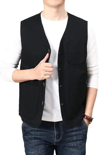 Miniatura 3 de PRIJOUHE Chaleco casual de algodón para hombre, ligero y transpirable, con múltiples bolsillos, para pesca, safari, viajes, al aire libre