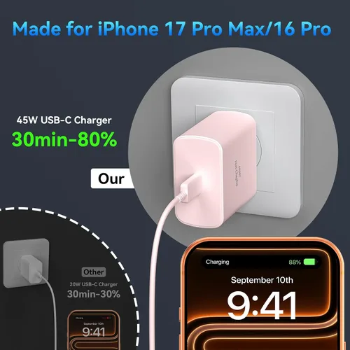 Miniatura 4 de Cargador para teléfono 17 16 Pro Max de carga rápida, bloque de carga USB C súper rápido de 45 W con cable de carga rápida extra largo de 10 pies