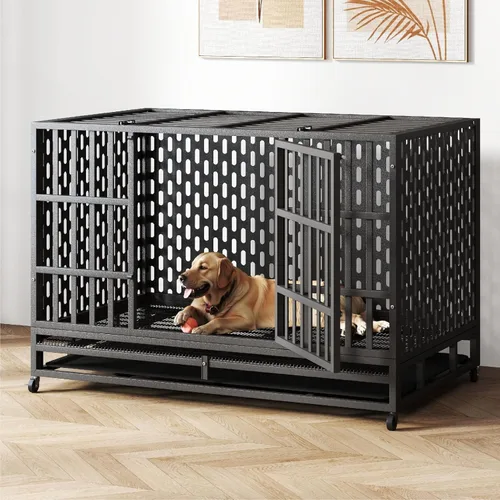 Miniatura 9 de Jaula para perros de alta resistencia de 38 pulgadas, a prueba de escapes de acero, jaula indestructible de doble puerta para interiores, perrera