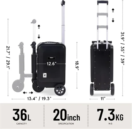 Miniatura 3 de Equipaje inteligente de 20 pulgadas, maleta de mano eléctrica con batería extraíble, rango de 8.1 mi, carga de 330.7 lbs, motor de 200 W