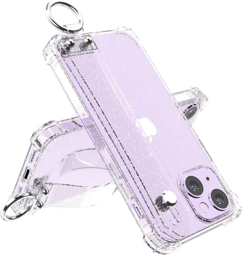 Miniatura 12 de Funda con purpurina con correa de mano compatible con iPhone 13 de 6.1 pulgadas, funda transparente brillante con correa de muñeca ajustable soporte
