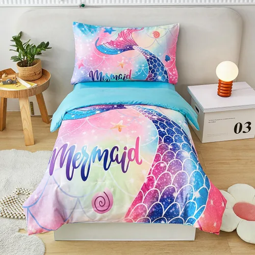 Miniatura 10 de ZRNBAST Juego de ropa de cama para niñas pequeñas de 4 piezas con cola de sirena, color rosa, turquesa, degradado, arco iris, colorido, ropa de cama
