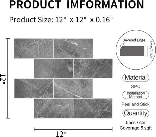 Miniatura 4 de COLAMO Azulejos de Metro Grandes de Lujo de 5 Hojas Gris Oscuro para Despegar y Pegar, Azulejos de Piedra Sintética Imitación Mármol