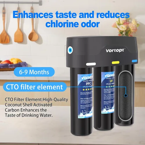 Miniatura 4 de Vortopt F03 - Sistema de filtro de agua para debajo del fregadero, filtración UF de 3 etapas de 0.01 micrones con alto flujo, reduce el cloro
