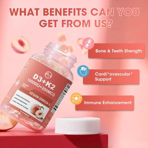 Miniatura 3 de Gomas de vitamina D3 K2 de M inch, vitamina D3 10000UI, K2 (MK-7) 200mcg, suplemento de vitamina D3 con K2 6-en-1 con Omega-3, magnesio y calcio