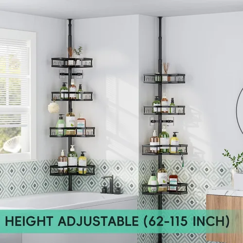 Miniatura 3 de HEVEL Organizador de Ducha de Esquina con Poste de Tensión, Organizador de Ducha Ajustable de Esquina 62-115 Pulgadas, Estantes de Almacenamiento