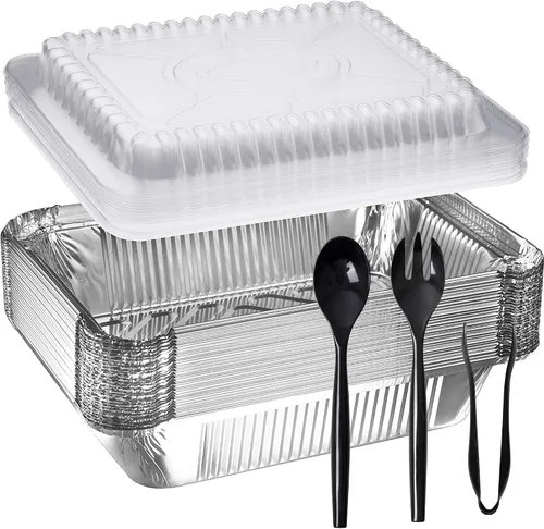 Miniatura 7 de Sartén de aluminio desechable de tamaño medio de 9 x 13 pulgadas con tapas de cúpula junto con 3 utensilios de servir, recipientes versátiles