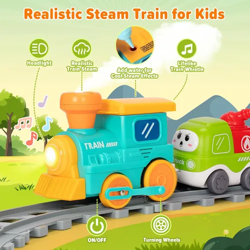 Miniatura 3 de Juego de tren eléctrico para niños pequeños, juguetes realistas de tren de vapor con luces y música para niños, juguetes de camión magnético