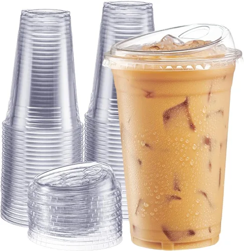 GUSTO Vasos de plástico transparente con tapas [20 oz - 100 unidades] - Vasos desechables para bebidas de café helado con tapas para sorber sin 20