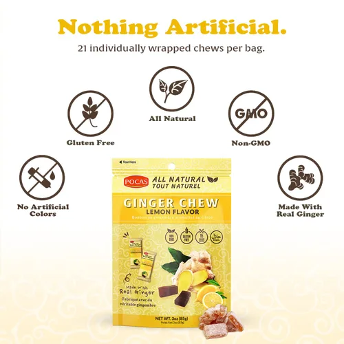 Miniatura 2 de Pocas Lemon Ginger Chews - Masticables de jengibre dulce y picante, bocadillos bajos en calorías envueltos individualmente, caramelo de jengibre