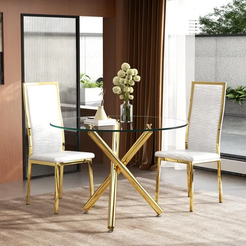 Miniatura 18 de Moderno juego de mesa redonda de cristal para 2, juego de mesa de cocina de círculo pequeño de 36 pulgadas con 2 sillas de comedor de piel sintética