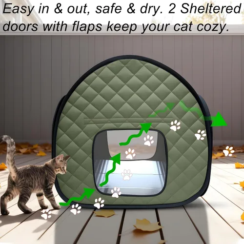 Miniatura 7 de Casa plegable para gatos callejeros para exteriores, 23.6 pulgadas, refugio aislado acolchado verde militar con mosca impermeable de camuflaje, 2