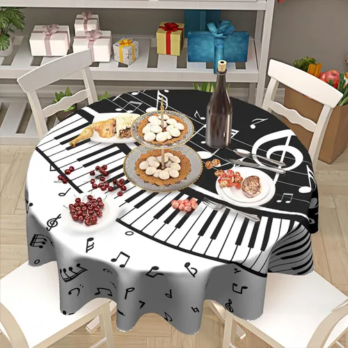 Miniatura 7 de Mantel redondo de música de 60 pulgadas – Mantel de piano clásico negro y blanco para mesa de instrumentos musicales para cocina, patio, picnic al