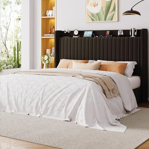 Miniatura 6 de Allewie Base de cama de almacenamiento elevable, tamaño King, cabecera de estante de almacenamiento con estación de carga, puertos tipo C y USB