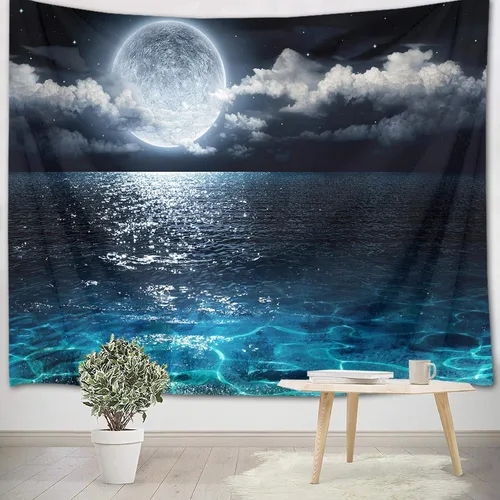 Miniatura 2 de LB Tapiz de cielo nocturno, luna llena en el mar, tapiz para colgar en la pared, tapiz de nube blanca de fantasía, tapiz de acuarela, arte de pared