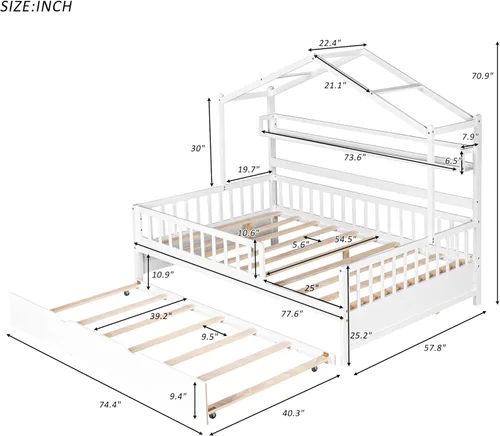 Miniatura 2 de MERITLINE Cama de casa de tamaño matrimonial con nido y estantes de almacenamiento para niños, marco de cama Montessori con rieles de valla y techo