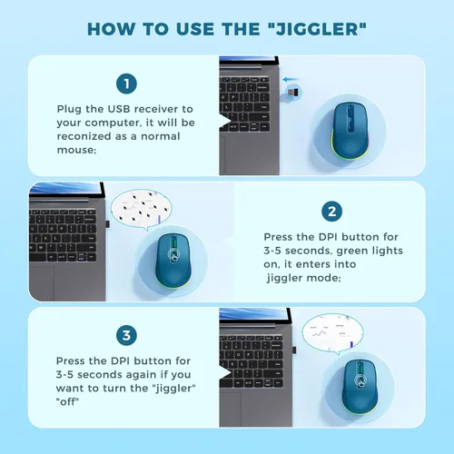 Miniatura 2 de PEIOUS Ratón Inalámbrico Jiggler - Ratones Inalámbricos LED con Mover de Ratón Integrado, Ratón Móvil Recargable para Laptop con Movimiento Azul