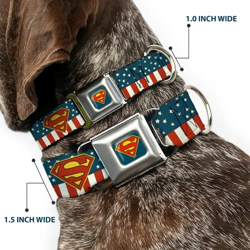 Miniatura 2 de Buckle-Down Collar de perro con hebilla de cinturón de seguridad, Superman Shield Americana Rojo/Blanco/Azul/Amarillo – 1 pulgada de ancho – Se
